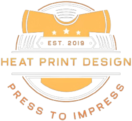 A green background with the words heat print design press to impress.