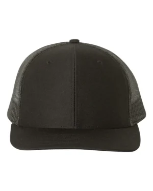 A black hat with a mesh back and a black front panel.