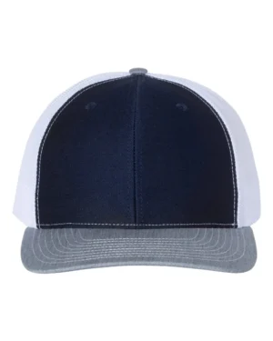 A navy blue and white hat with a gray brim.