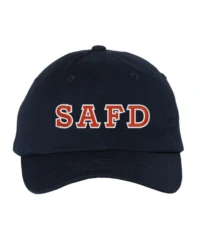 A black hat with the word safd on it.