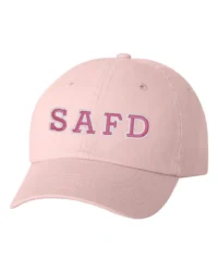 A pink hat with the word safd on it.