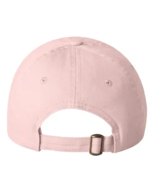 A light pink hat with a white logo on it.