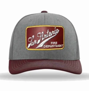 A gray and maroon hat with the words san antonio fire department on it.