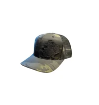 A hat with a black and grey pattern on it.