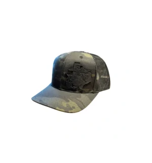 A hat with a black and grey pattern on it.