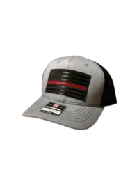 A white hat with red and black stripes on it.