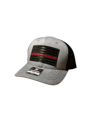 A white hat with red and black stripes on it.