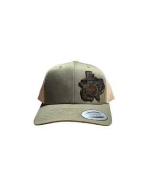 A tan hat with a brown texas patch on it.