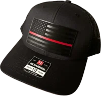 A black hat with an american flag on it.