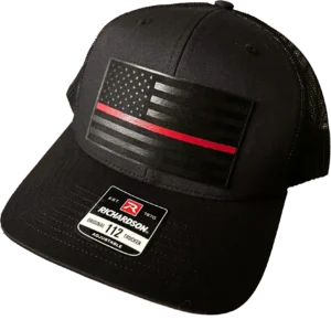 A black hat with an american flag on it.