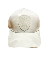 A white hat with a crest on it.