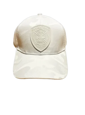 A white hat with a crest on it.