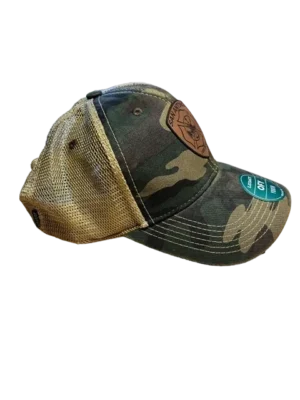 A hat with a patch on it's side.