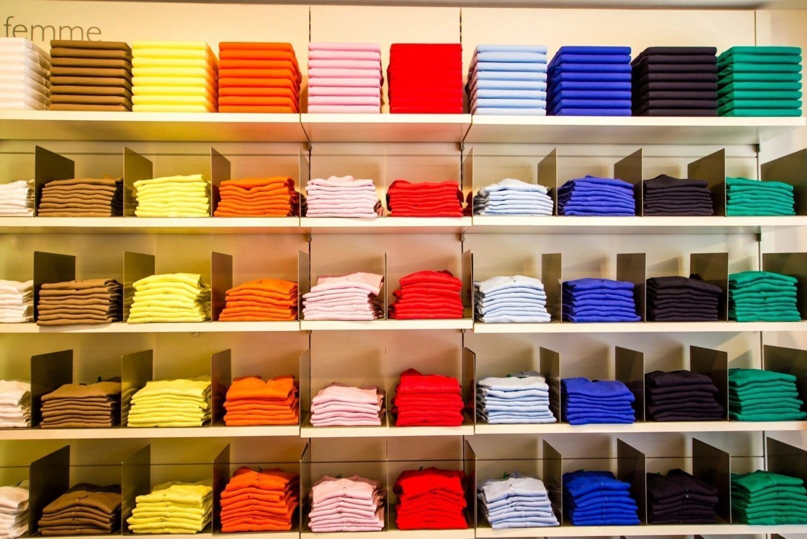 A shelf filled with different colored shirts and boxes.